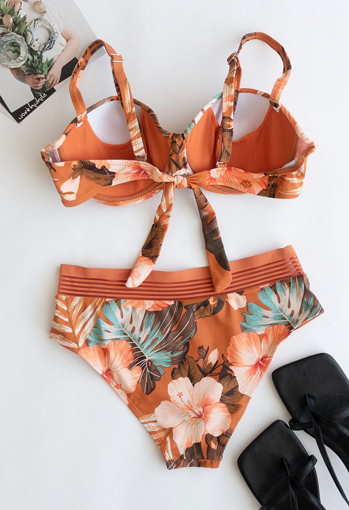Bustier-Bikini-Set mit tropischem Blätter-Print in Orange