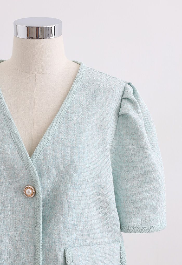 Tweed-Blazer mit Perlmuttknöpfen in Mint