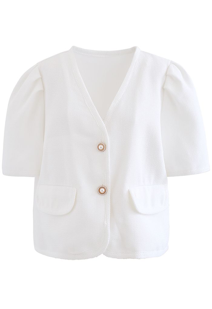 Pearly Button Kurzarm-Tweed-Blazer in Weiß