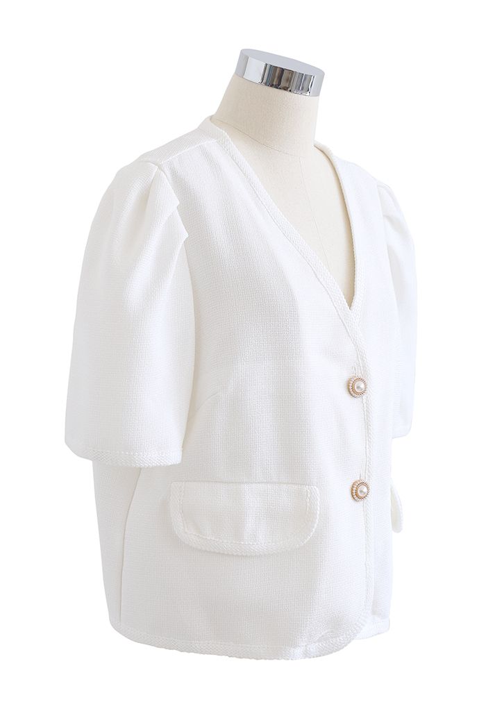Pearly Button Kurzarm-Tweed-Blazer in Weiß