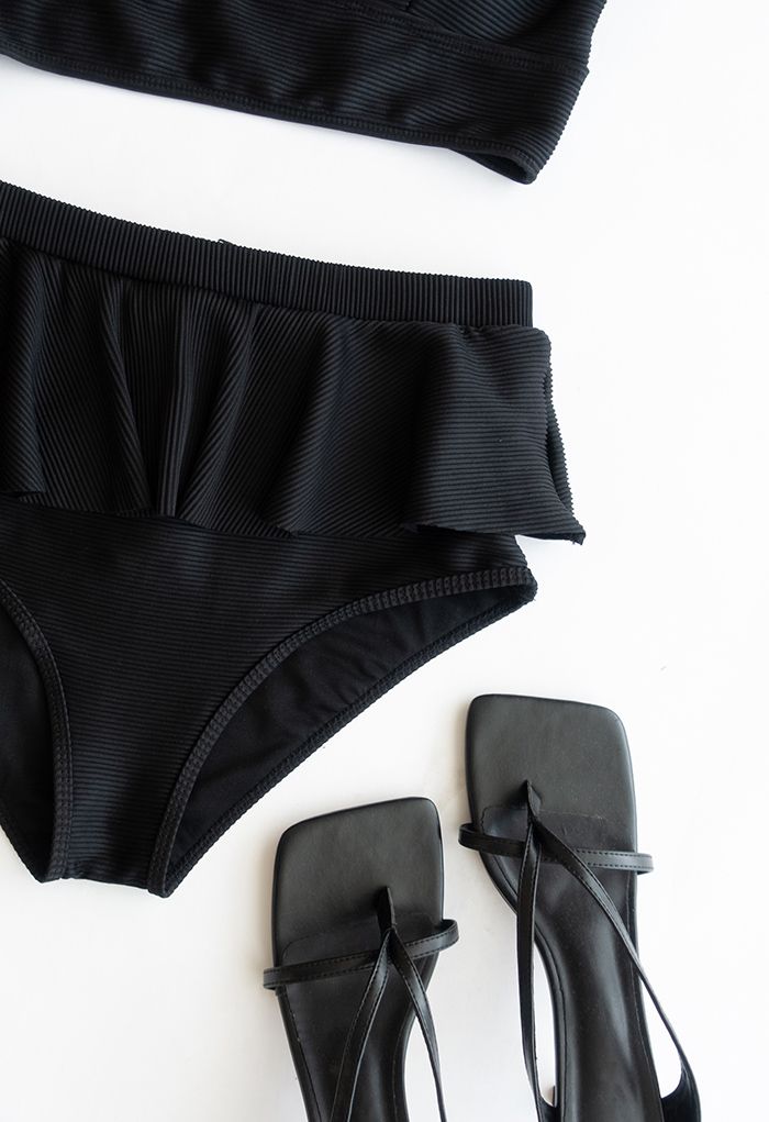 Rüschen-Bikini-Set mit Reißverschluss hinten in Schwarz
