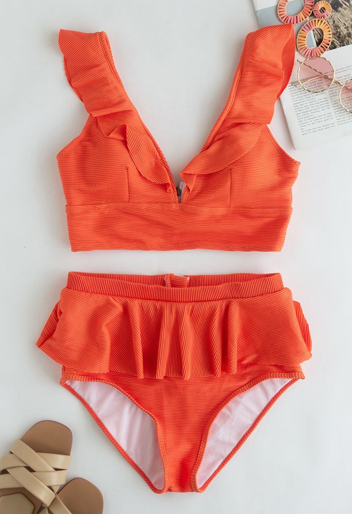 Rüschen-Bikini-Set mit Reißverschluss hinten in Orange
