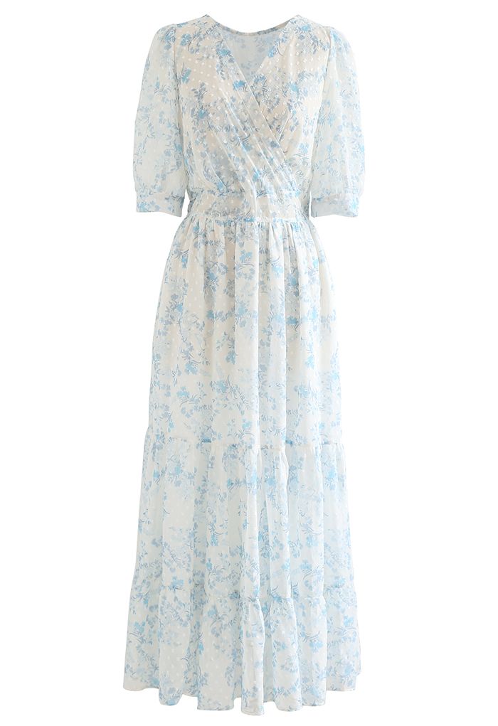 Blue Floret Flock Dot Rüschen Maxi-Chiffon-Kleid
