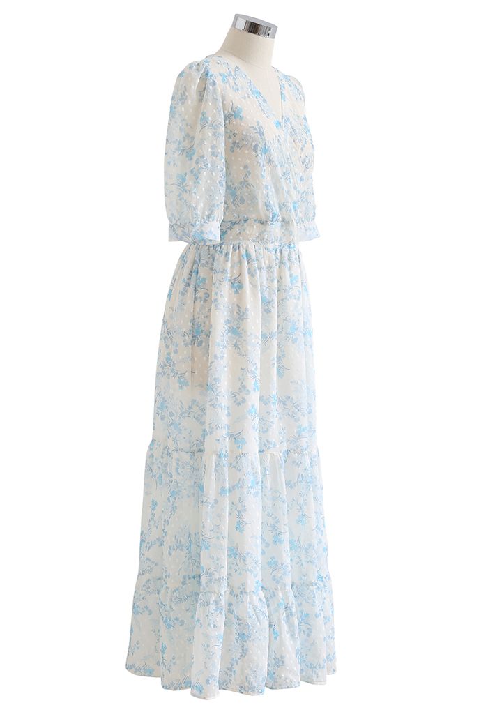 Blue Floret Flock Dot Rüschen Maxi-Chiffon-Kleid
