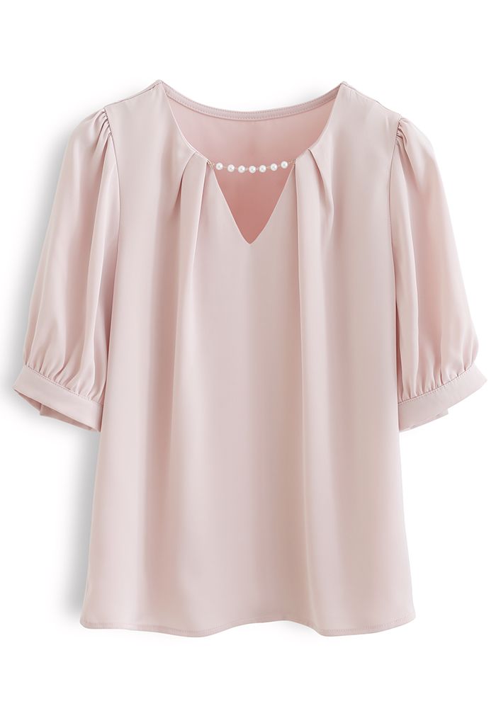 Satin-Hemd mit Perlenausschnitt in Rosa