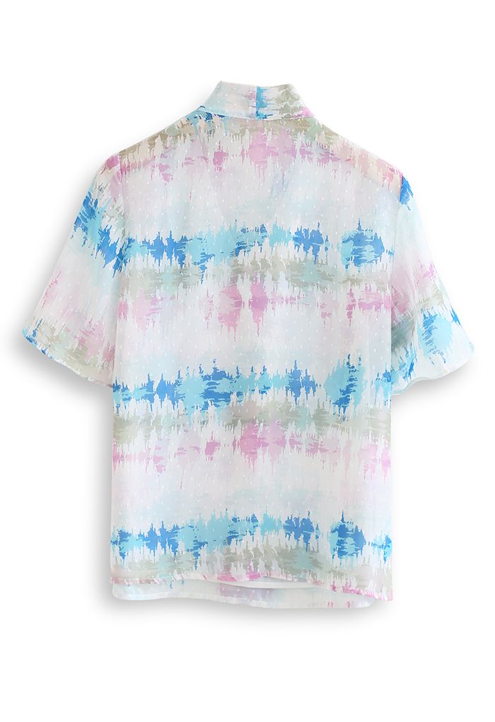 Halbtransparentes Hemd mit abstraktem Print und Flock Dots Bowknot in Rosa
