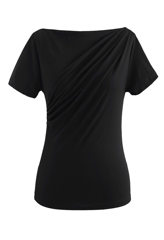 T-Shirt mit geraffter Vorderseite in Schwarz