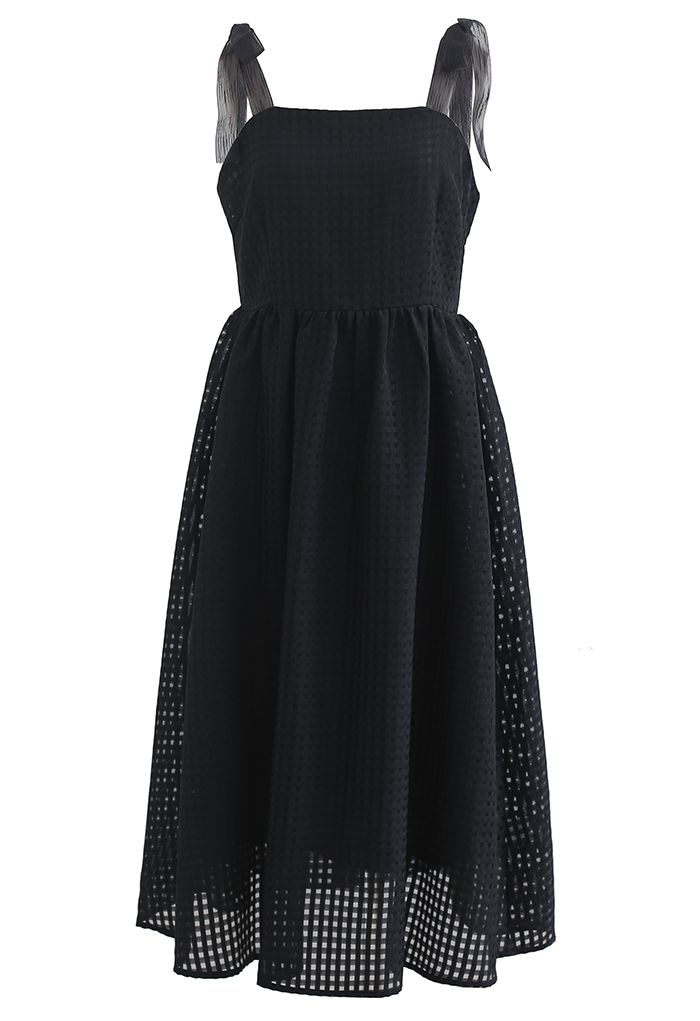 Gingham-Kleid aus Organza mit Binderiemen in Schwarz