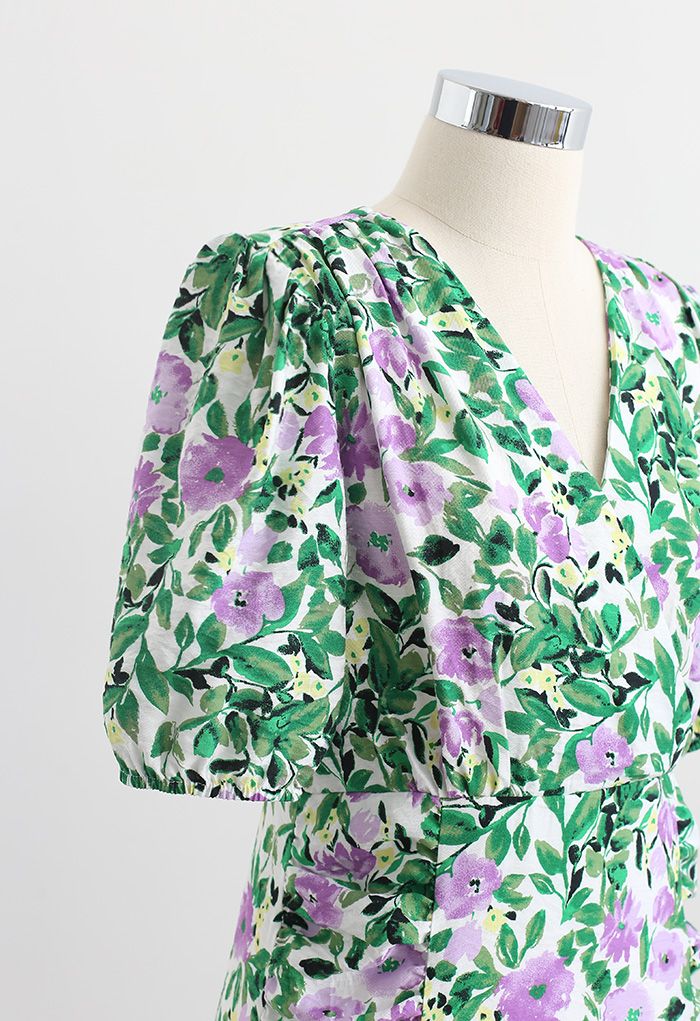 Flower Painting – Grünes Minikleid mit gepolsterten Schultern