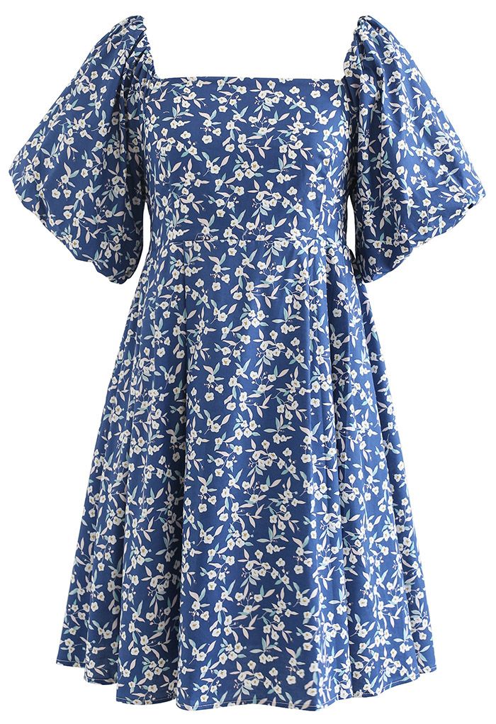Square Neck Bubble Sleeve Floret Gerafftes Dolly Kleid in Blau