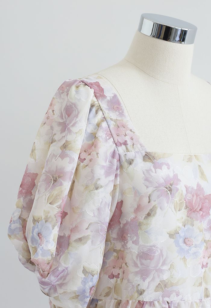 Jacquard-Dolly-Kleid mit eckigem Ausschnitt und Blasenärmeln