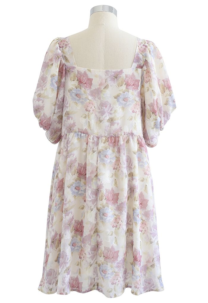 Jacquard-Dolly-Kleid mit eckigem Ausschnitt und Blasenärmeln