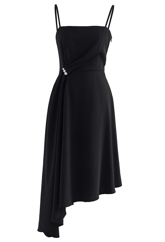 Gerafftes, asymmetrisches Camisole-Kleid mit Perlenbesatz in Schwarz