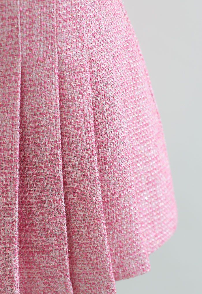 Schimmernder, plissierter Tweed-Minirock in Metallic in Pink