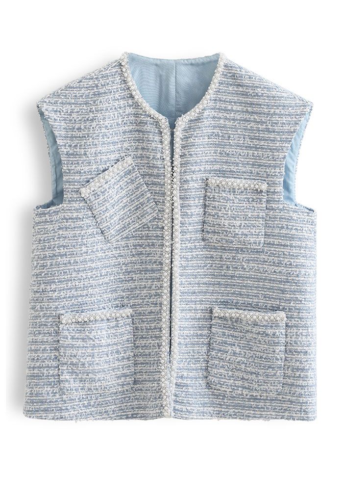 Perlmutter Kante Tasche Tweed Weste in Blau