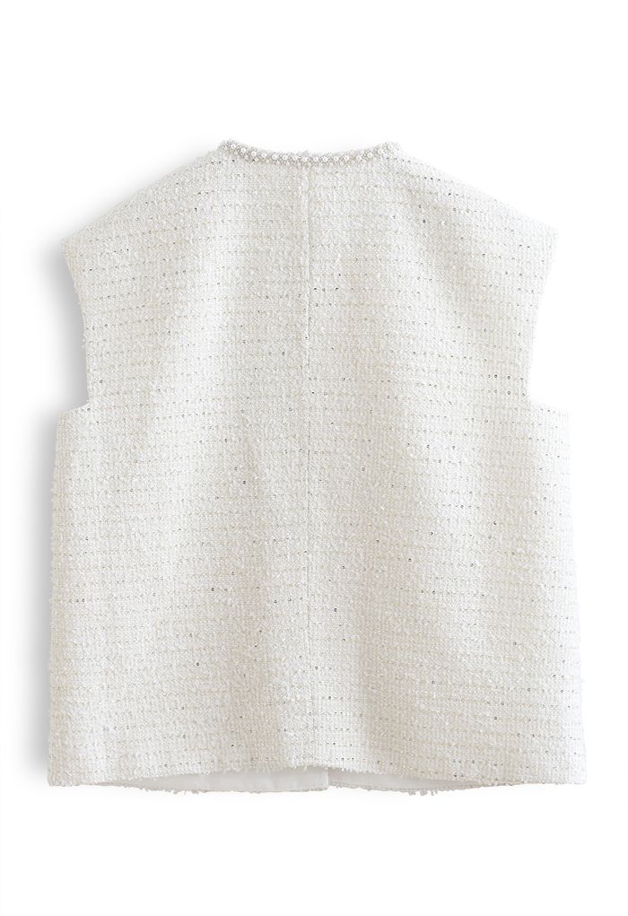 Pearly Edge Pocket Tweed Weste in Weiß