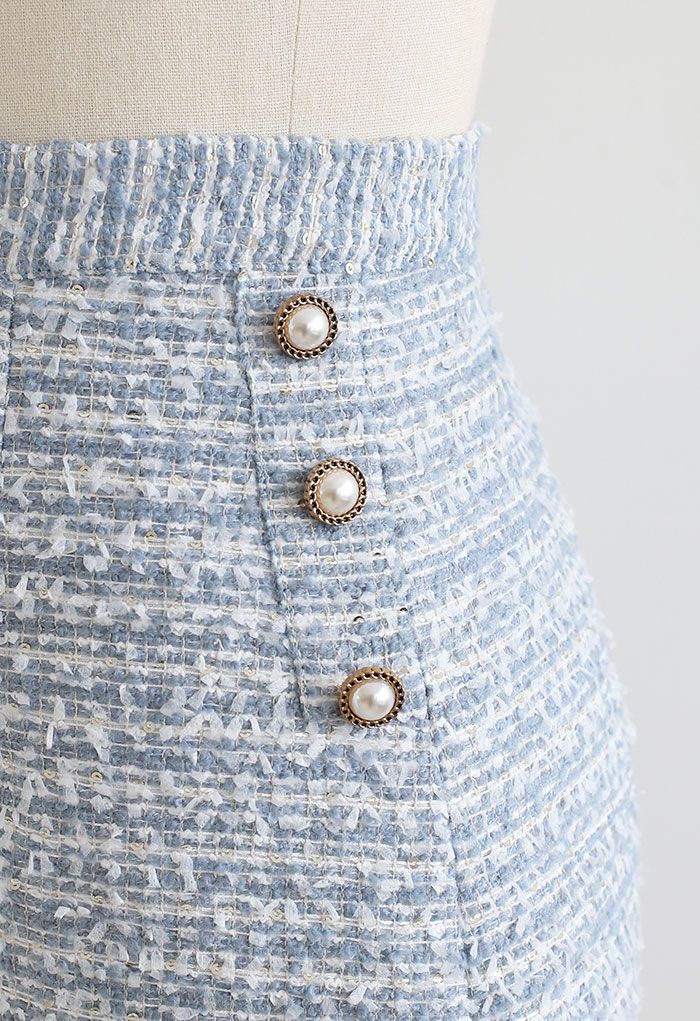 Tweed-Minirock mit Pailletten und Knöpfen in Blau