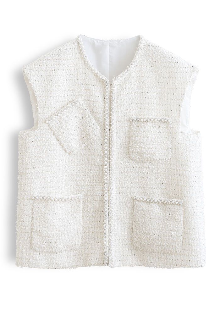 Pearly Edge Pocket Tweed Weste in Weiß