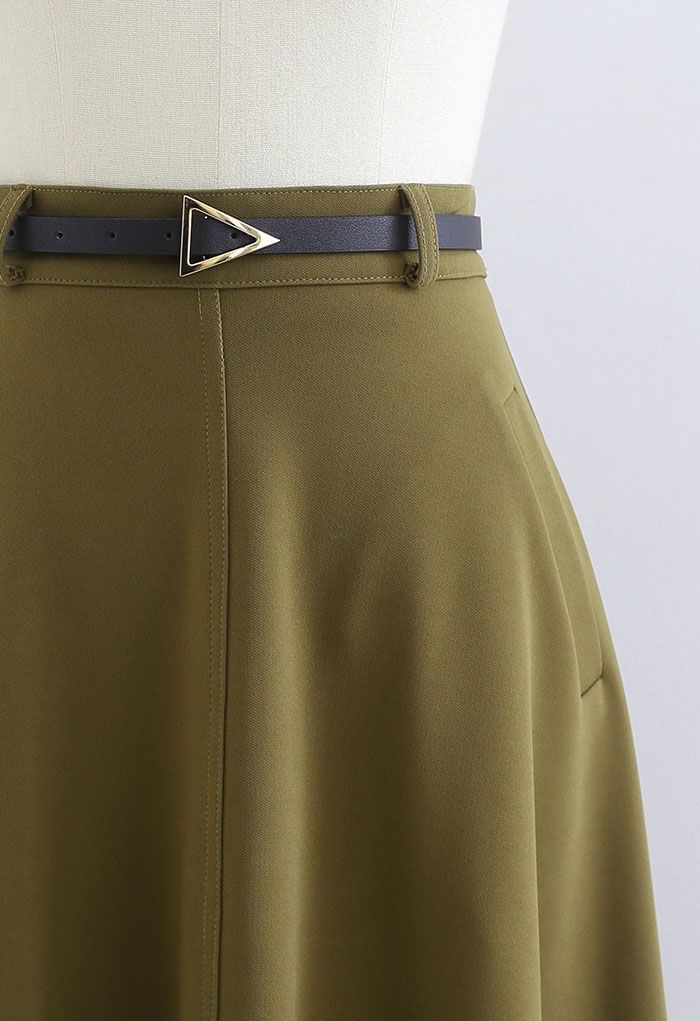 A-Linien Midirock mit schrägen Seitentaschen und Gürtel in Khaki