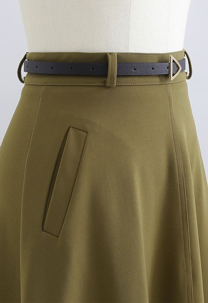 A-Linien Midirock mit schrägen Seitentaschen und Gürtel in Khaki