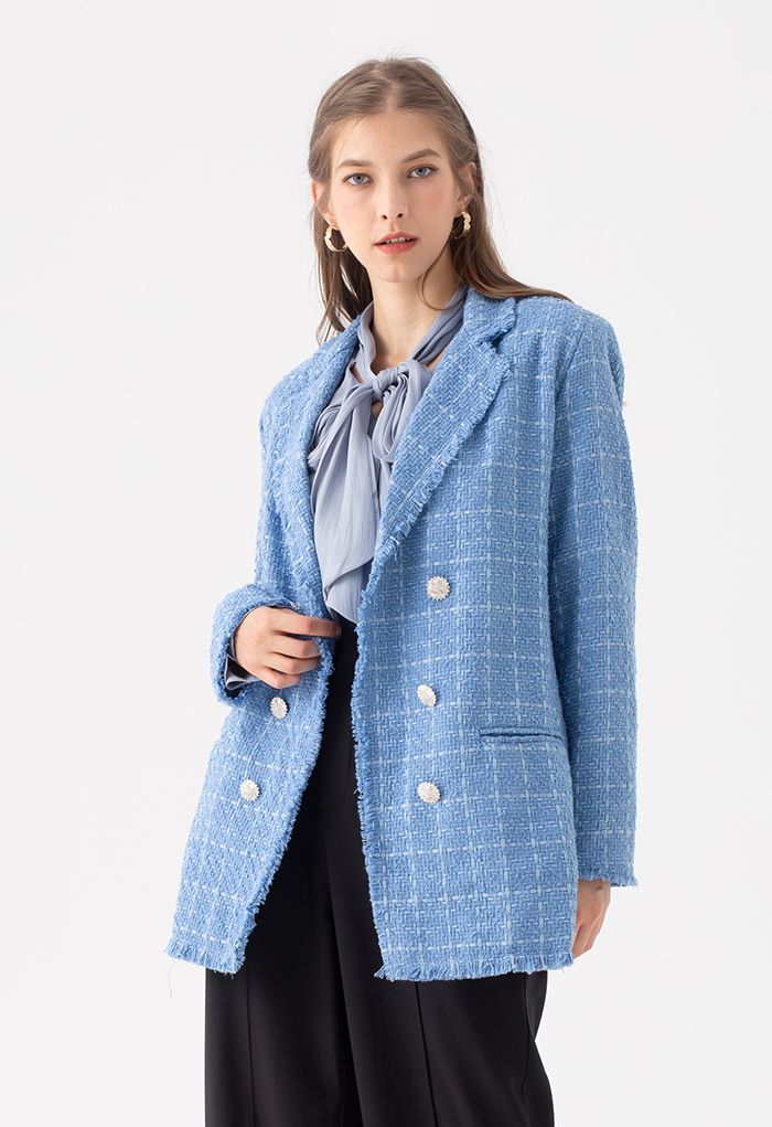 Ausgefranster Tweed-Mantel mit Kristallknöpfen