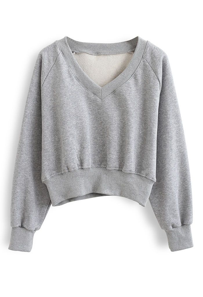 Oversize-Crop-Sweatshirt aus Baumwolle mit V-Ausschnitt in Grau