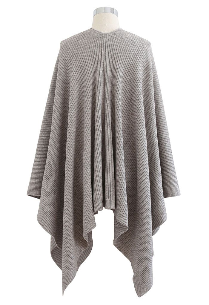 Geknöpftes, geripptes Poncho-Cape in Taupe