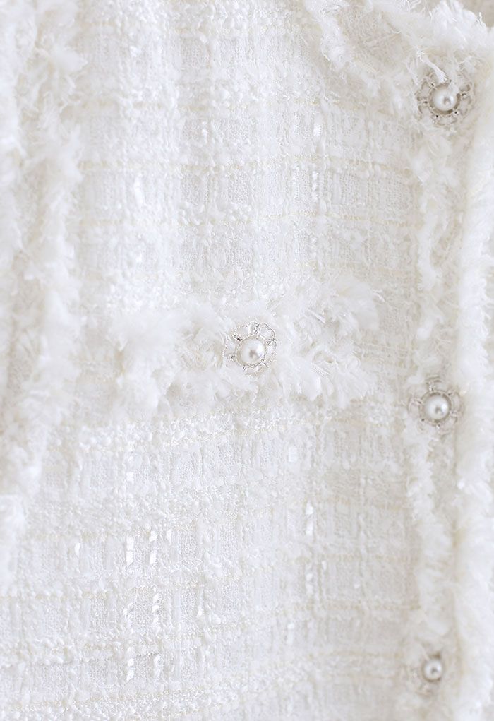 Tweed-Weste mit Quasten und Knöpfen in Weiß
