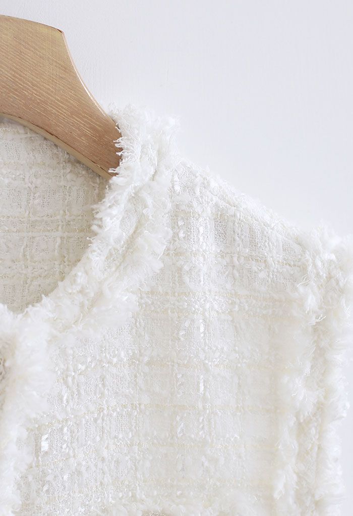 Tweed-Weste mit Quasten und Knöpfen in Weiß