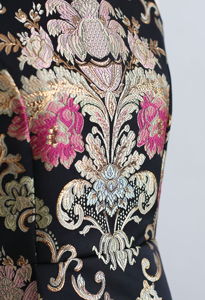 Splendid Peony – Barockes, ärmelloses Jacquard-Kleid in Schwarz
