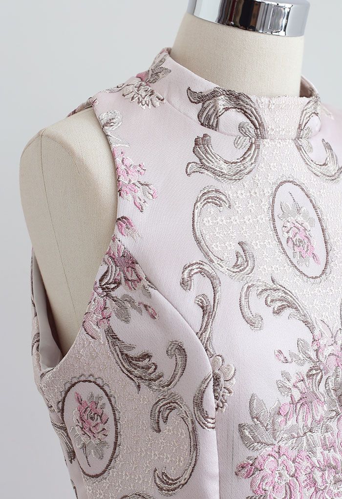 Herrliche Pfingstrose – Barockes, ärmelloses Jacquard-Kleid in Rosa