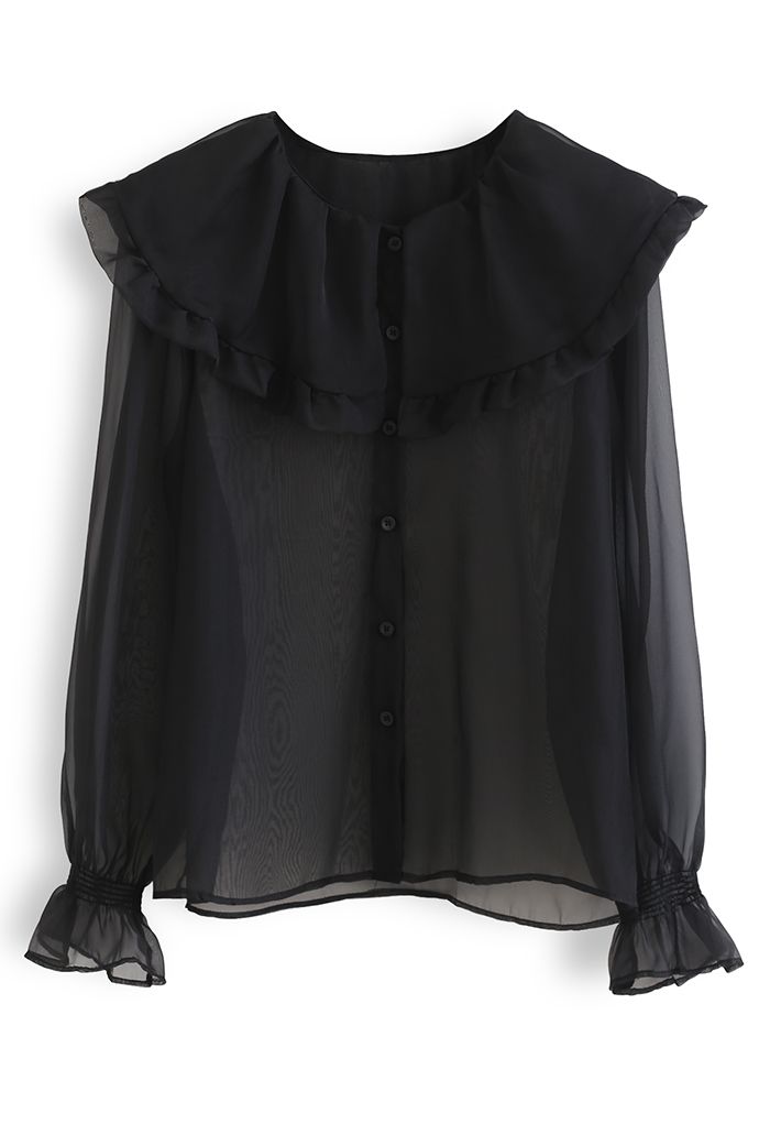 Übergroßes, transparentes Hemd mit Peter-Pan-Kragen in Schwarz