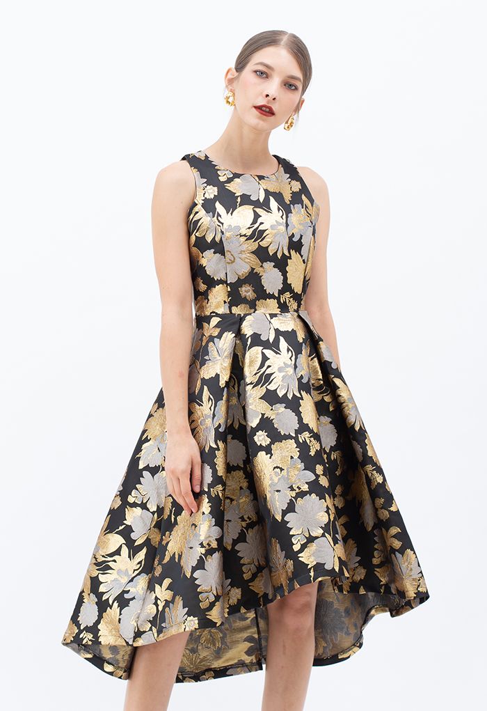 Goldene Blumensträuße Jacquard Wasserfall Ärmelloses Kleid