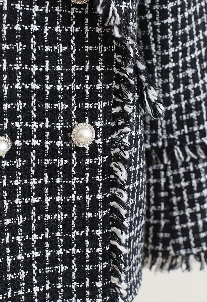 Tweed-Blazer mit Quastenkanten und Karomuster in Schwarz