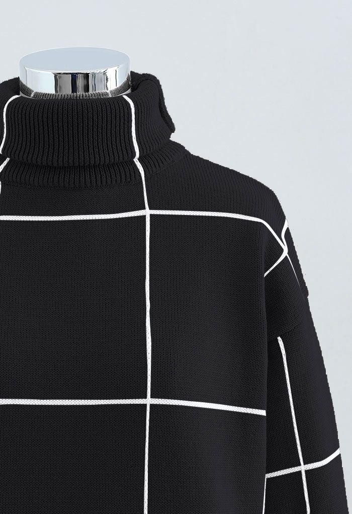 Warmes Welcome Grid Pulloverkleid mit Rollkragen in Schwarz