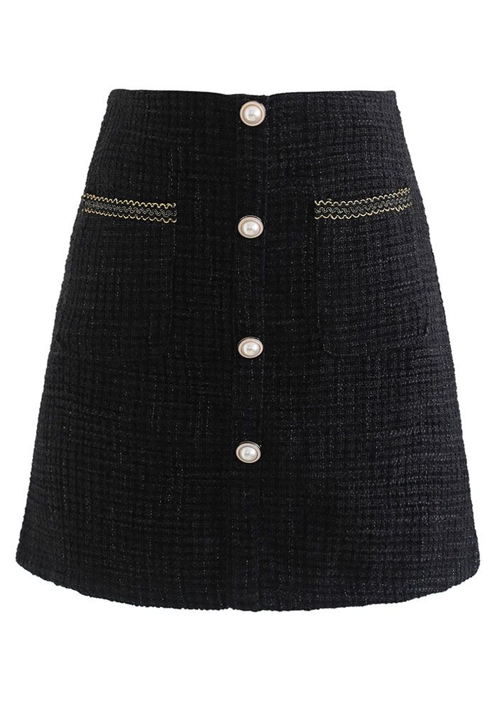 Tweed-Minirock mit Knöpfen und Taschen in Schwarz