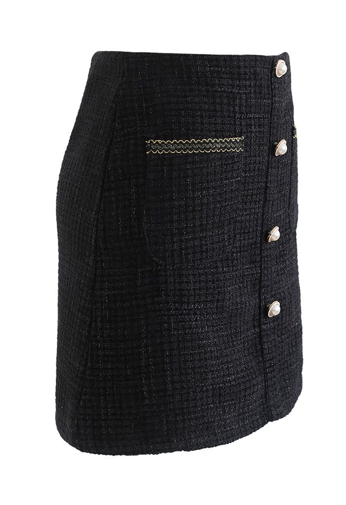 Tweed-Minirock mit Knöpfen und Taschen in Schwarz