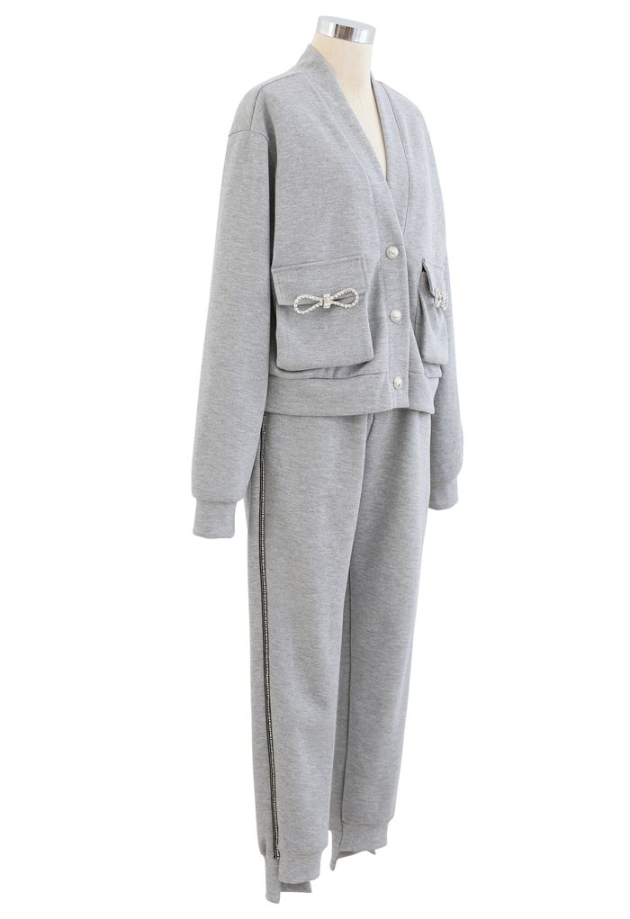 Pockets Button Up Cardigan und Crop Jogger Set in Grau