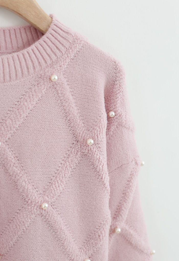 Diamond Pearls Trim Fuzzy Strickpullover in Pink