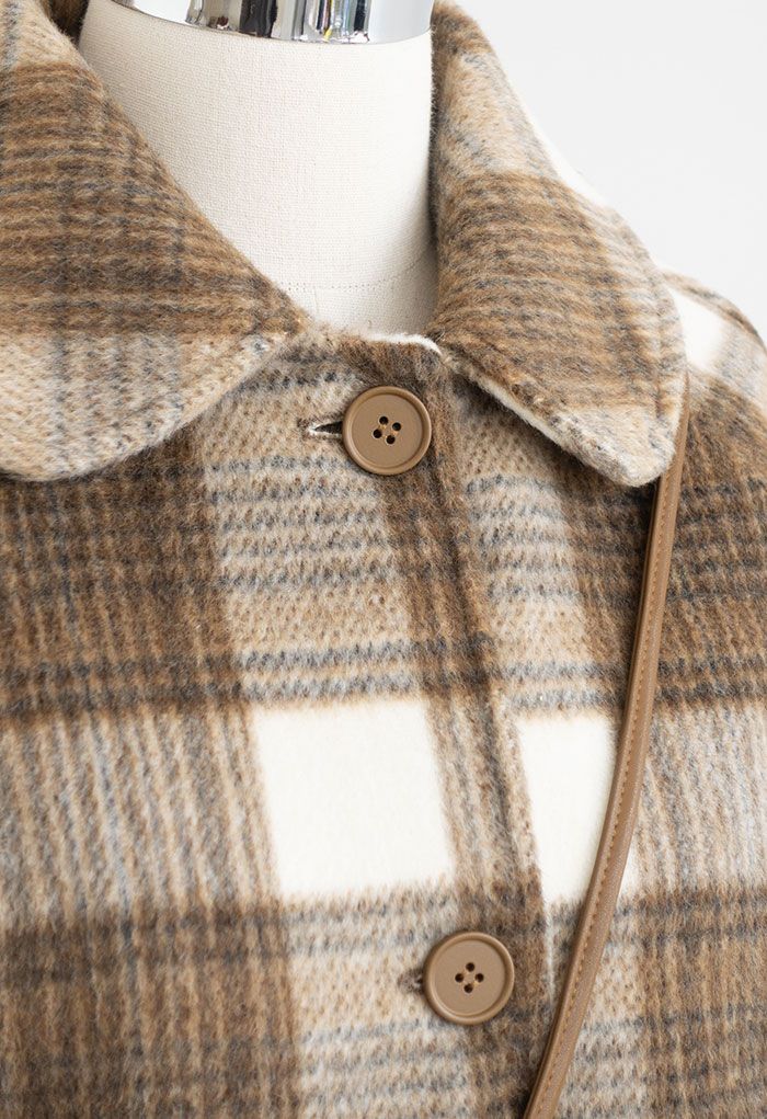 Langer Mantel aus Wollmischung mit Karomuster und Umhängetasche in Hellbraun
