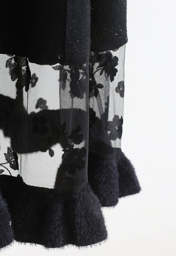 Gespleißter Schimmer-Strickrock mit Blumenmuster in Schwarz