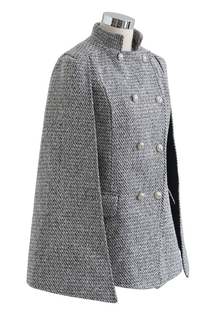 Zweireihiger Tweed-Cape-Mantel mit Klapptasche