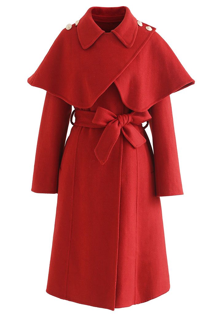 Lang geschnittener Mantel aus Wollmischung mit Cape-Schulter in Rot