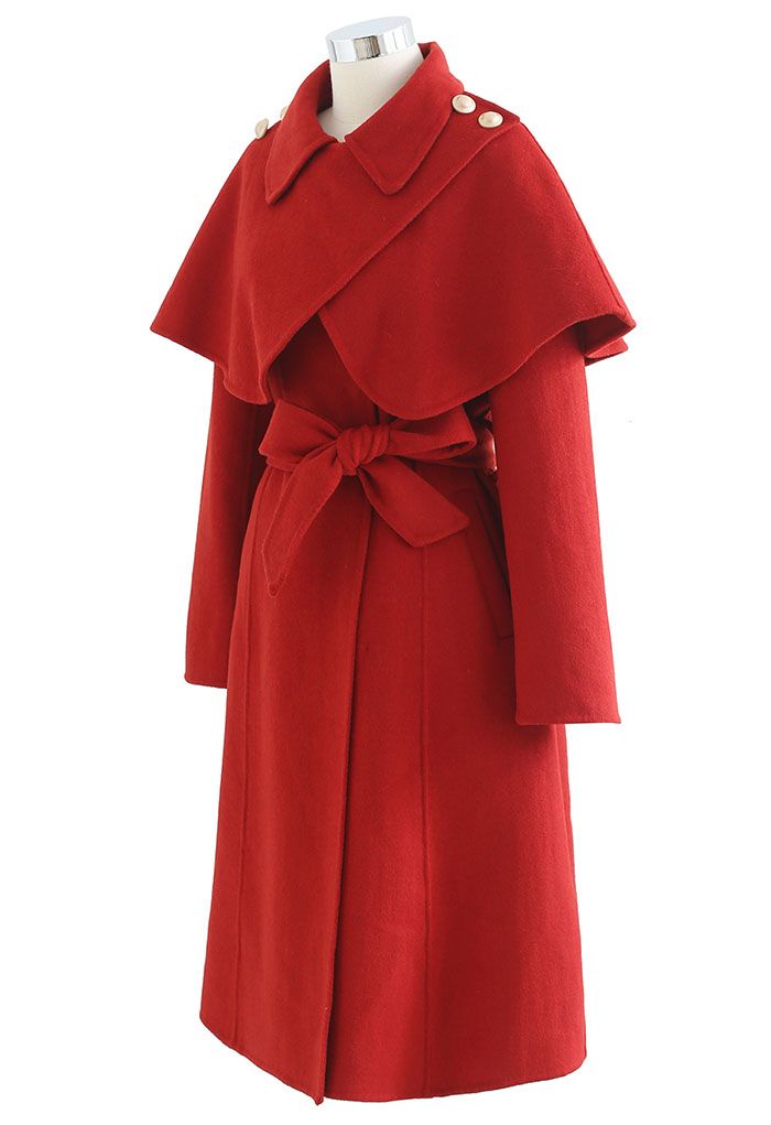 Lang geschnittener Mantel aus Wollmischung mit Cape-Schulter in Rot