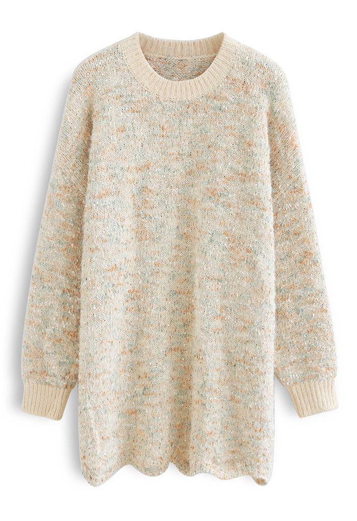 Mix-Color Strick Oversize Longline Pullover in Creme