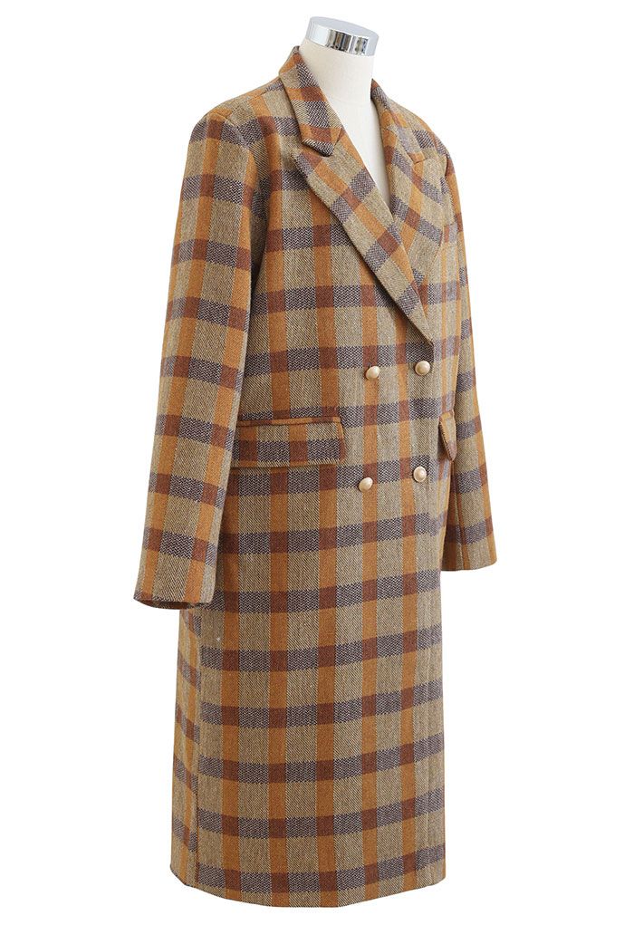 Zweireihiger Longline-Mantel aus einer Wollmischung mit farbigem Karomuster