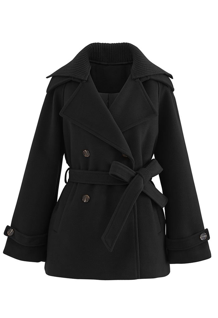 Zweireihiger Mantel aus Wollmischung mit Strickkragen in Schwarz