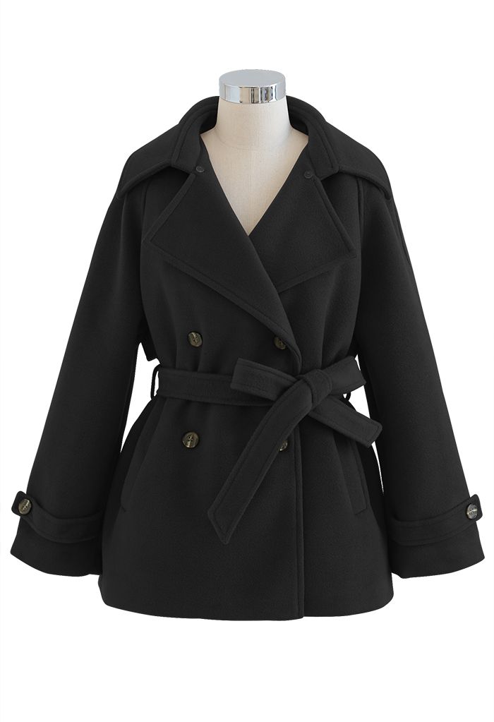Zweireihiger Mantel aus Wollmischung mit Strickkragen in Schwarz