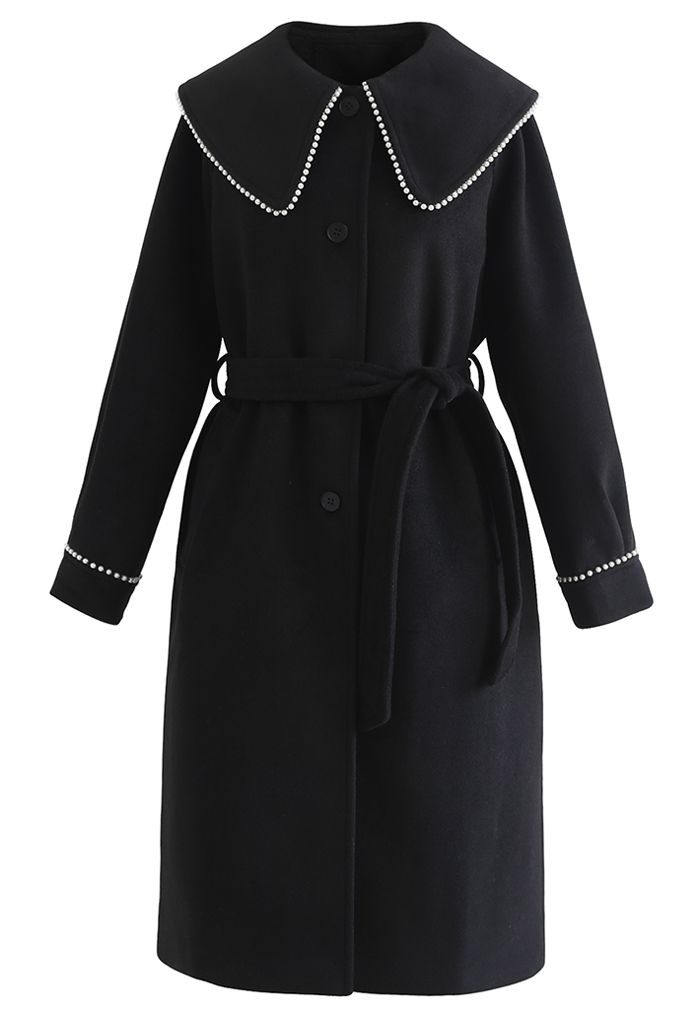 Lang geschnittener Mantel aus einer Wollmischung mit Perlenkanten in Schwarz