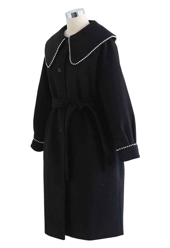 Lang geschnittener Mantel aus einer Wollmischung mit Perlenkanten in Schwarz